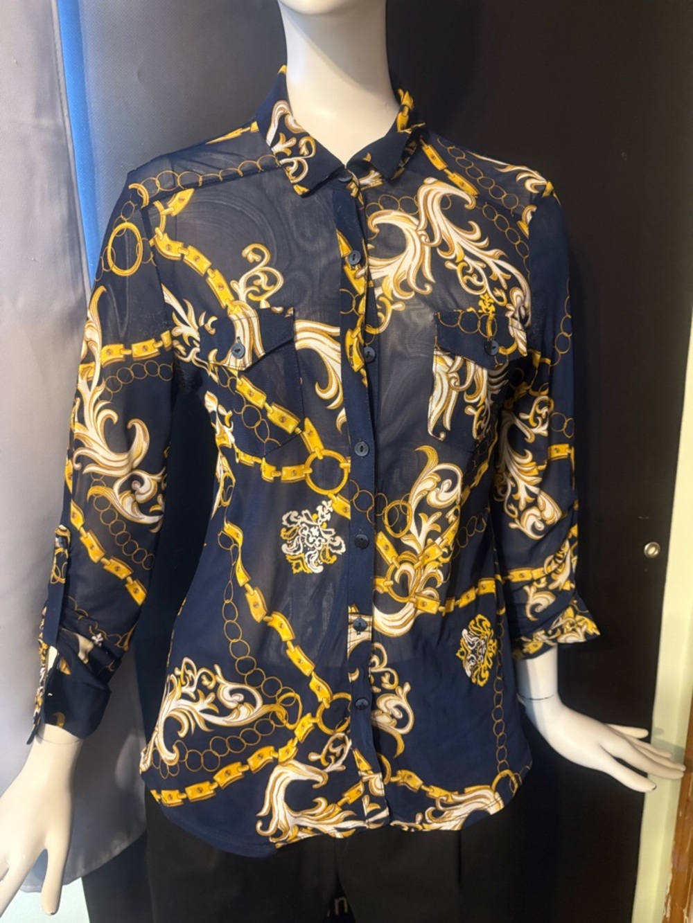 DNA couture Navy & Gold Baroque Chain Button-Down Shirt